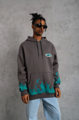 Erkek Üç İplik İçi Pamuklu Alev Baskılı Kapüşonlu Sweatshirt - Gri
