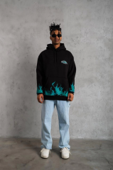 Erkek Üç İplik İçi Pamuklu Alev Baskılı Kapüşonlu Sweatshirt - Siyah