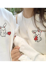 Tavşan Baskılı Sevgili Çift Kombini Kapüşonlu Sweatshirt & Hodie - Beyaz