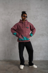 Erkek Üç İplik içi Pamuklu Alev Baskılı Kapüşonlu Sweatshirt - Gül Kurusu