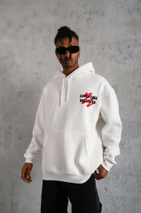 Erkek Şapkalı Güvercin Baskılı Kapşonlu Sweat - Beyaz