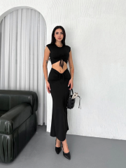 Osy Modal Yumuşak Dokulu Kumaş Büzgülü Crop Etek Takım - Siyah