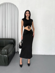 Osy Modal Yumuşak Dokulu Kumaş Büzgülü Crop Etek Takım - Siyah