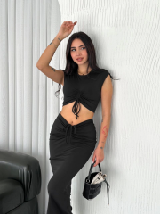 Osy Modal Yumuşak Dokulu Kumaş Büzgülü Crop Etek Takım - Siyah