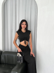 Osy Modal Yumuşak Dokulu Kumaş Büzgülü Crop Etek Takım - Siyah