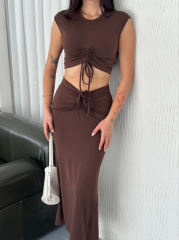 Osy Modal Yumuşak Dokulu Kumaş Büzgülü Crop Etek Takım -Kahverengi