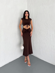 Osy Modal Yumuşak Dokulu Kumaş Büzgülü Crop Etek Takım -Kahverengi