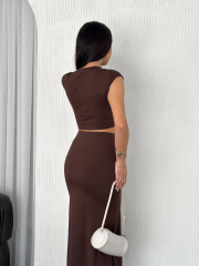 Osy Modal Yumuşak Dokulu Kumaş Büzgülü Crop Etek Takım -Kahverengi
