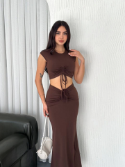 Osy Modal Yumuşak Dokulu Kumaş Büzgülü Crop Etek Takım -Kahverengi