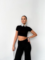 Osy Modal Yumuşak Dokulu Kumaş Kısa Kollu Crop Alt ispanyol Paça Pantalon ikili Takım - Siyah