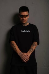 Erkek Bisiklet Yakalı Sırt Baskılı Oversize T-Shirt - Siyah