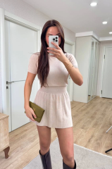 Kısa Kollu Bluz Mini Etekli ikili Takım Triko - Beyaz