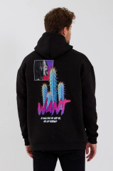 Erkek Baskılı Üç İplik Kapüşonlu Oversize Sweatshirt - Siyah