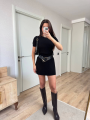 Kısa Kollu Bluz Mini Etekli ikili Takım Triko - Siyah