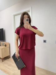 Bisiklet Yaka Bluz Uzun Etekli ikili Takım Triko - Bordo