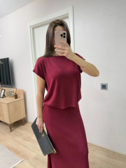 Bisiklet Yaka Bluz Uzun Etekli ikili Takım Triko - Bordo