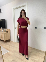 Bisiklet Yaka Bluz Uzun Etekli ikili Takım Triko - Bordo