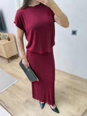 Bisiklet Yaka Bluz Uzun Etekli ikili Takım Triko - Bordo