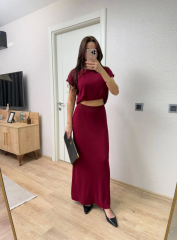 Bisiklet Yaka Bluz Uzun Etekli ikili Takım Triko - Bordo
