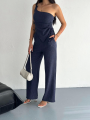 Asimetrik Crop Pantalon ikili Takım - Lacivert