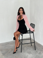 Kadın Göğsü Bağlamalı Kalp Yaka Kolları Şifon Mini Elbise - Siyah Pembe