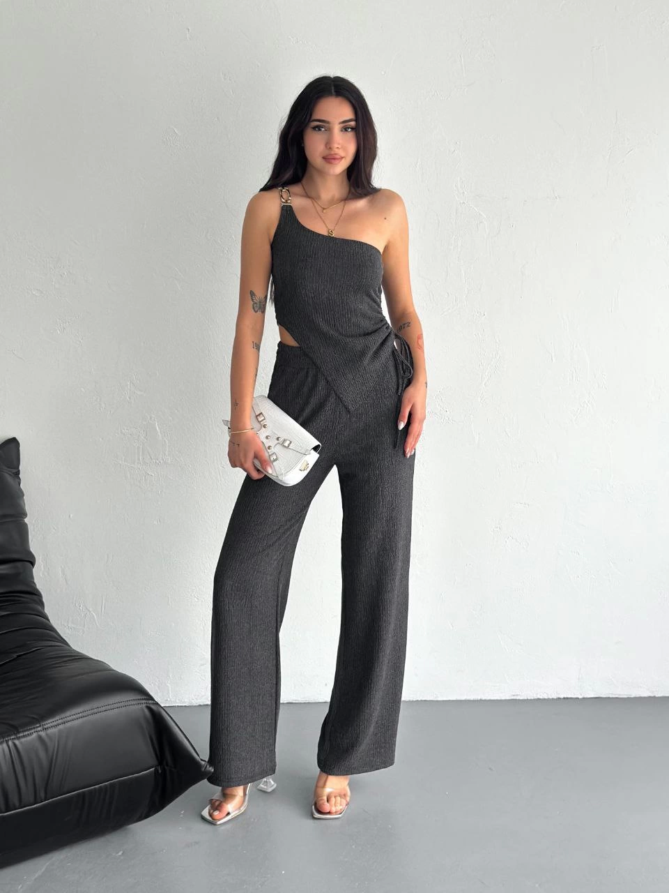 Asimetrik Crop Pantalon ikili Takım - Füme