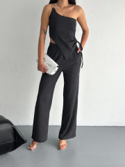 Asimetrik Crop Pantalon ikili Takım - Füme