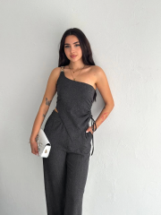 Asimetrik Crop Pantalon ikili Takım - Füme