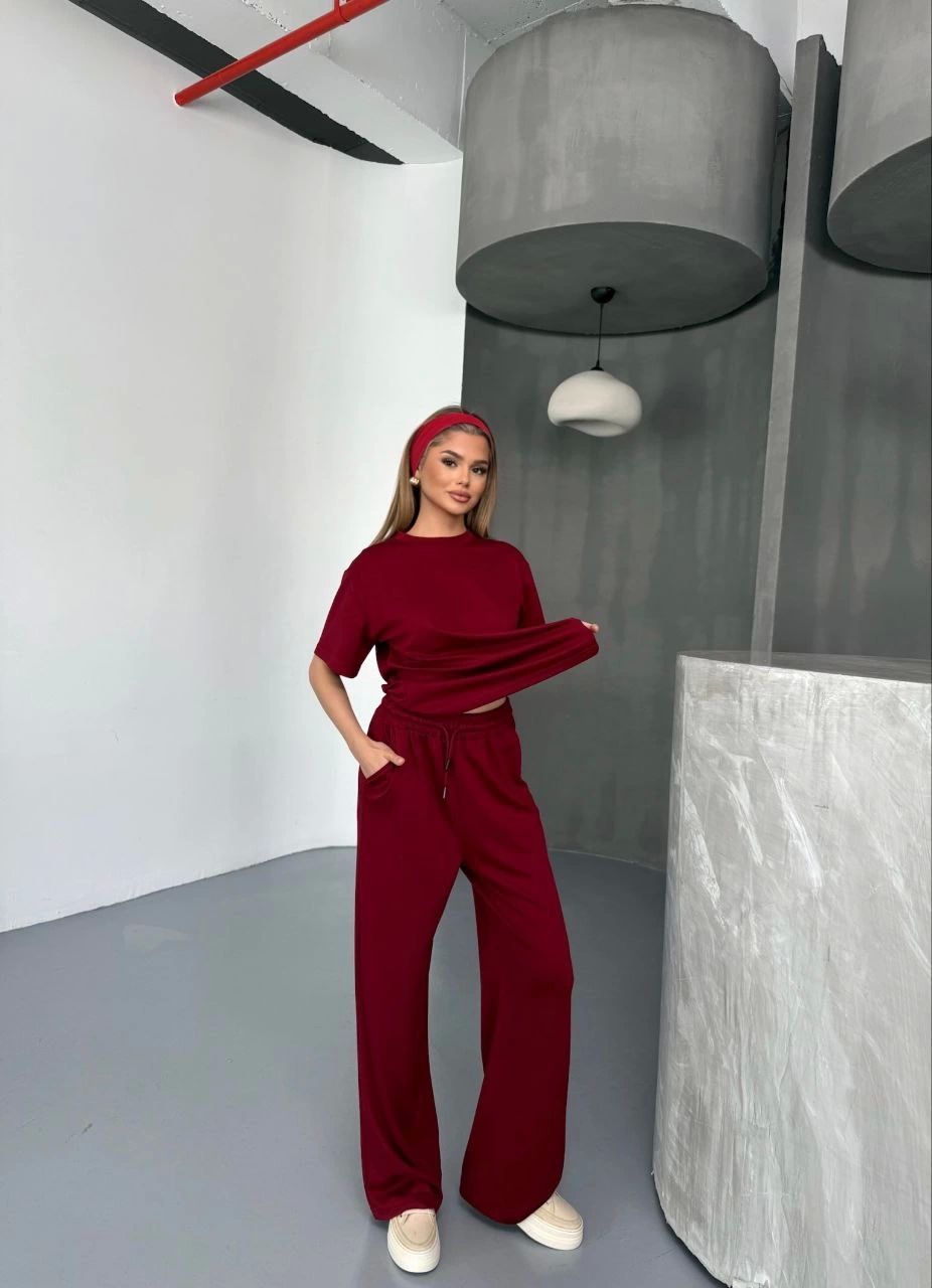 Osy Modal Yumuşak Dokulu Kumaş   Kısa Kollu Bluz Rahat Pantalon ikili Takım- Bordo