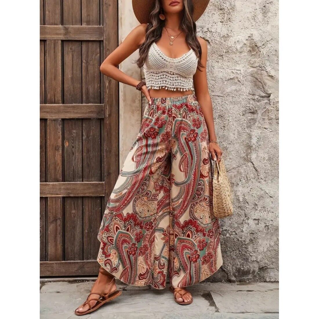 YÜKSEK BEL BELİ LASTİKLİ DESENLİ GENİŞ PAÇALI SÜPREM PANTOLON ASİMETRİK KESİM PANTOLON