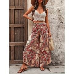 YÜKSEK BEL BELİ LASTİKLİ DESENLİ GENİŞ PAÇALI SÜPREM PANTOLON ASİMETRİK KESİM PANTOLON