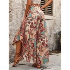 YÜKSEK BEL BELİ LASTİKLİ DESENLİ GENİŞ PAÇALI SÜPREM PANTOLON ASİMETRİK KESİM PANTOLON