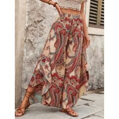 YÜKSEK BEL BELİ LASTİKLİ DESENLİ GENİŞ PAÇALI SÜPREM PANTOLON ASİMETRİK KESİM PANTOLON