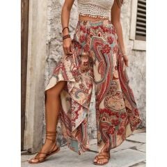 YÜKSEK BEL BELİ LASTİKLİ DESENLİ GENİŞ PAÇALI SÜPREM PANTOLON ASİMETRİK KESİM PANTOLON