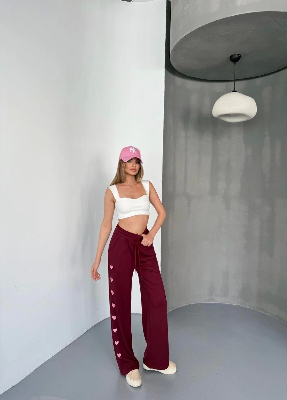 Osy Modal Yumuşak Dokulu Kumaş Nakış işlemeli Rahat Bol Paça Eşofman Pantalon - Bordo