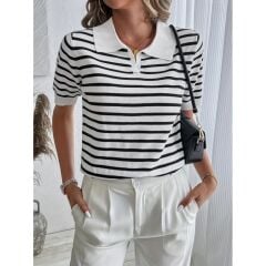 KISAKOL POLO YAKA ÇİZGİ DESEN TRİKO BLUZ ÇİZGİ DESENLİ BLUZ SİYAH BEYAZ ÇİZGİLİ DESENLİ BLUZ