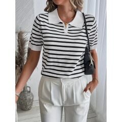 KISAKOL POLO YAKA ÇİZGİ DESEN TRİKO BLUZ ÇİZGİ DESENLİ BLUZ SİYAH BEYAZ ÇİZGİLİ DESENLİ BLUZ