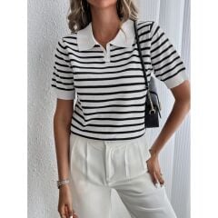 KISAKOL POLO YAKA ÇİZGİ DESEN TRİKO BLUZ ÇİZGİ DESENLİ BLUZ SİYAH BEYAZ ÇİZGİLİ DESENLİ BLUZ