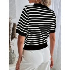 KISAKOL POLO YAKA ÇİZGİ DESEN TRİKO BLUZ ÇİZGİ DESENLİ BLUZ SİYAH BEYAZ ÇİZGİLİ DESENLİ BLUZ