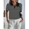 KISAKOL POLO YAKA ÇİZGİ DESEN TRİKO BLUZ ÇİZGİ DESENLİ BLUZ SİYAH BEYAZ ÇİZGİLİ DESENLİ BLUZ