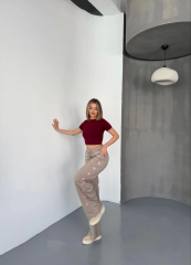 Osy Modal Yumuşak Dokulu Kumaş Nakış işlemeli Rahat Bol Paça Eşofman Pantalon - Bej