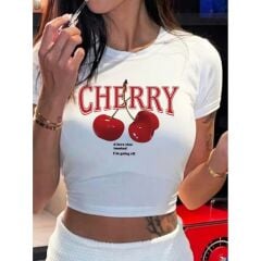 KISA KOLLU BİSİKLET YAKA CHERRY BASKILI CROP BLUZ KİRAZ BASKILI CROP KİRAZLI ÜST