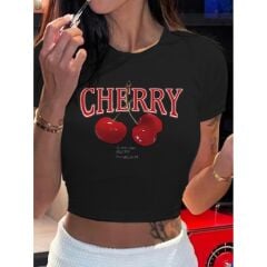 KISA KOLLU BİSİKLET YAKA CHERRY BASKILI CROP BLUZ KİRAZ BASKILI CROP KİRAZLI ÜST