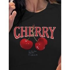 KISA KOLLU BİSİKLET YAKA CHERRY BASKILI CROP BLUZ KİRAZ BASKILI CROP KİRAZLI ÜST