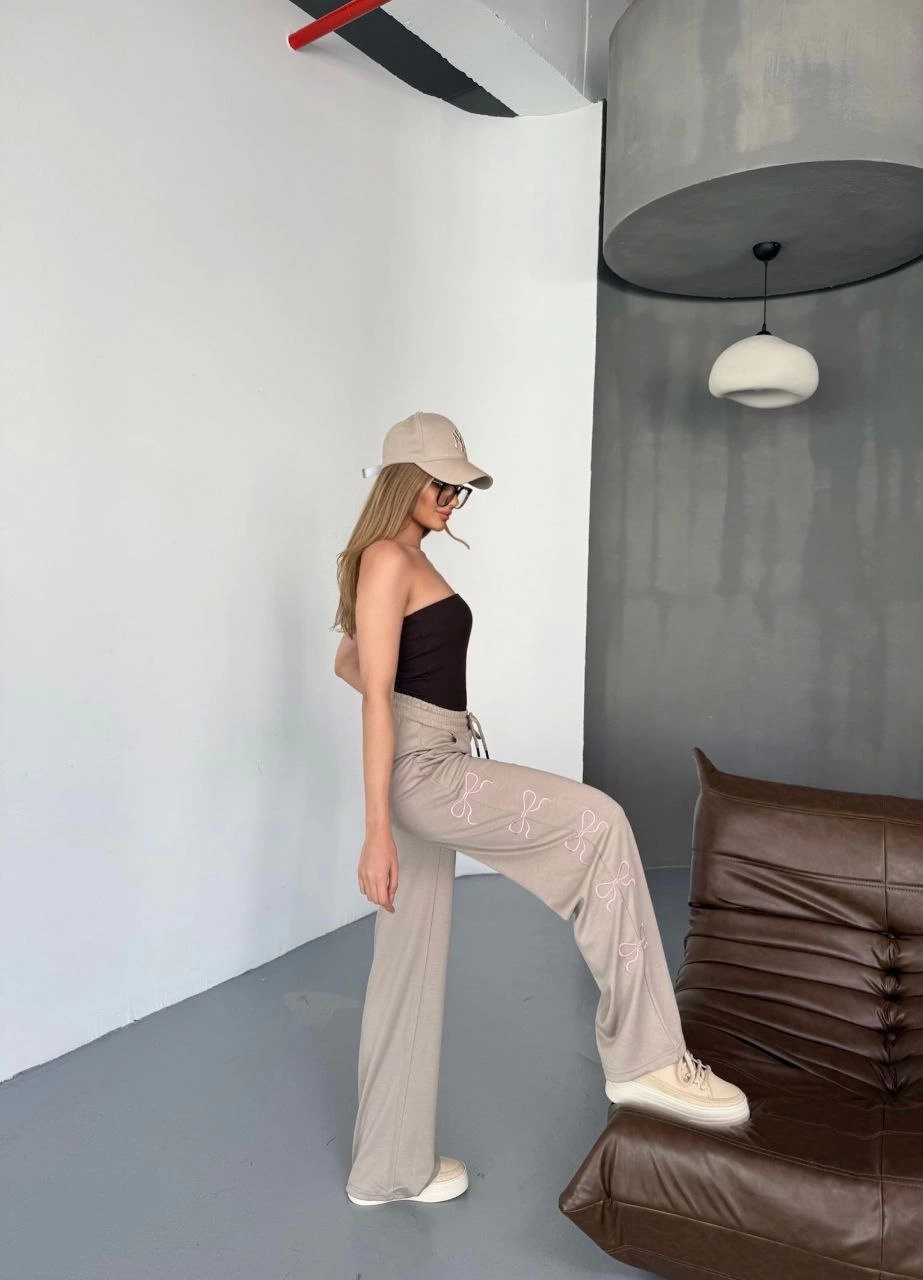 Osy Modal Yumuşak Dokulu Kumaş Nakış işlemeli Rahat Bol Paça Eşofman Pantalon - Bej