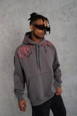 Erkek Ön ve Arka Baskılı Kapüşonlu 3 İplik Sweatshirt - Füme