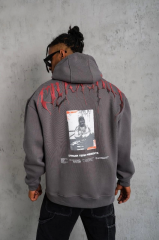Erkek Ön ve Arka Baskılı Kapüşonlu 3 İplik Sweatshirt - Füme