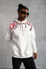 Erkek Ön ve Arka Baskılı Kapüşonlu 3 İplik Sweatshirt - Beyaz