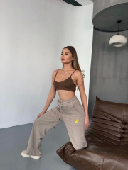 Osy Modal Yumuşak Dokulu Kumaş Nakış işlemeli Rahat Bol Paça Eşofman Pantalon - Bej