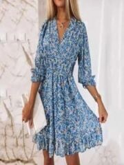 KRUVAZE YAKALI BELİ LASTİKLİ ÇİÇEK DESENLİ SÜPREM ELBİSE ÇİÇEKLİ ELBİSE BAHAR DESENLİ ELBİSE